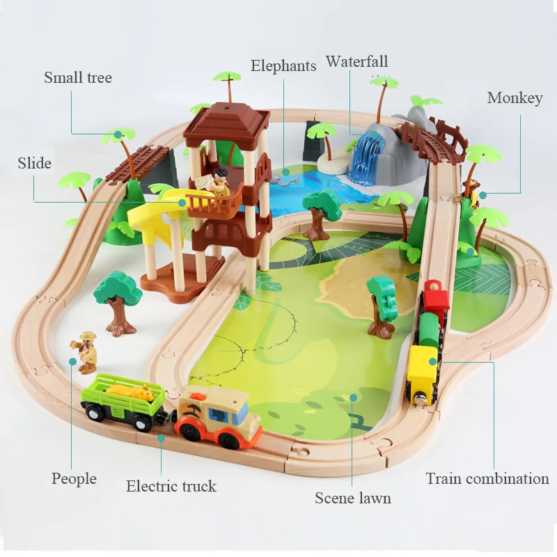 High Quality Kids Wooden Toys 107 Pcs of Jungle Beech Train Track Set Electric Train Children's Creative DIY Assembled Car Toy - Image 4