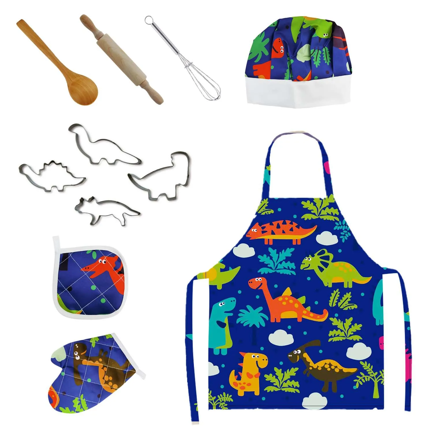 11PCS Kids Baking Set Cooking Set Dinosaur Apron and Chef Hat Set for 3~8 Year Old Girls Boys Role Play Toys - Image 2